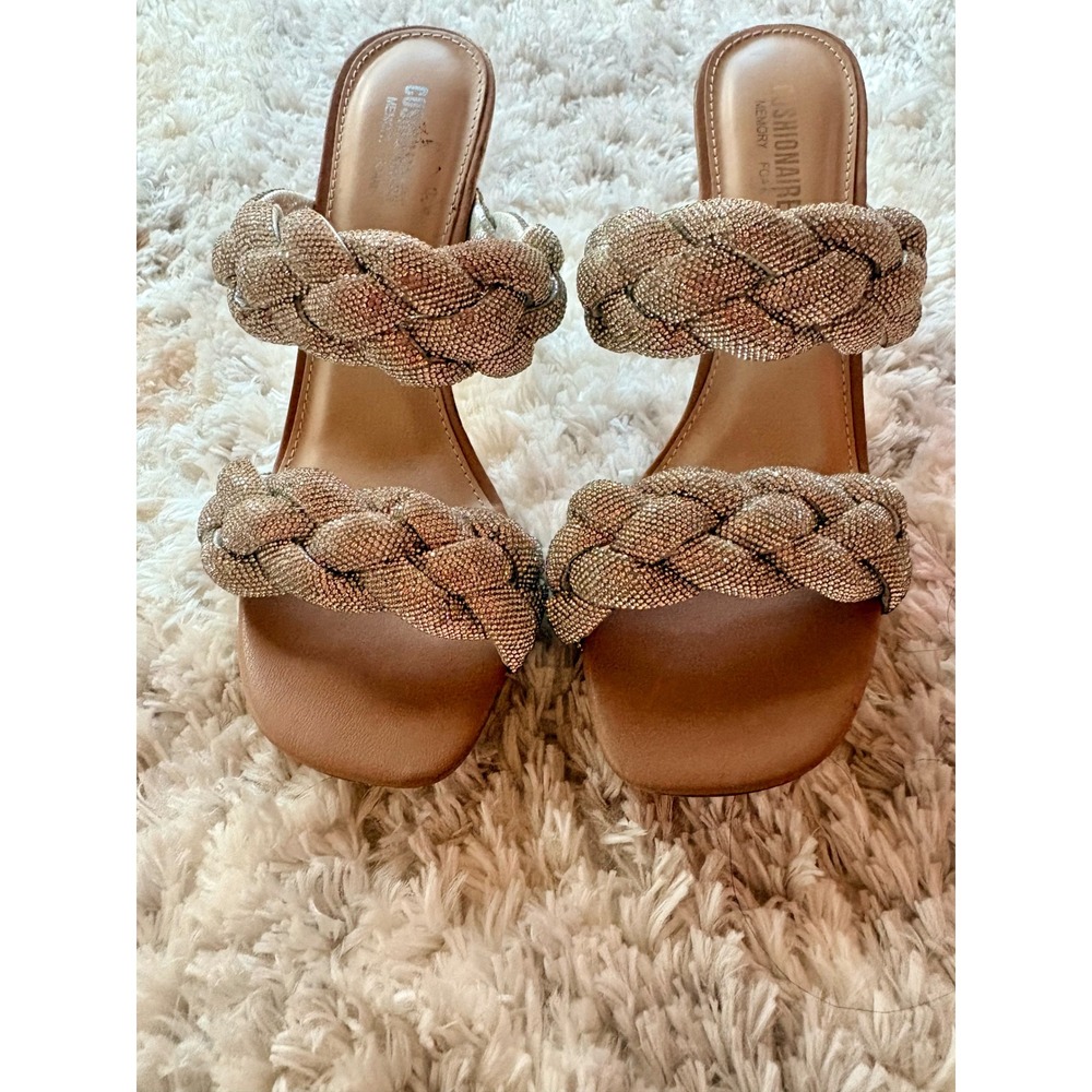Cushionaire Heeled Sandals Braided Two Strap Silver Heels Slip On Dress Shoes